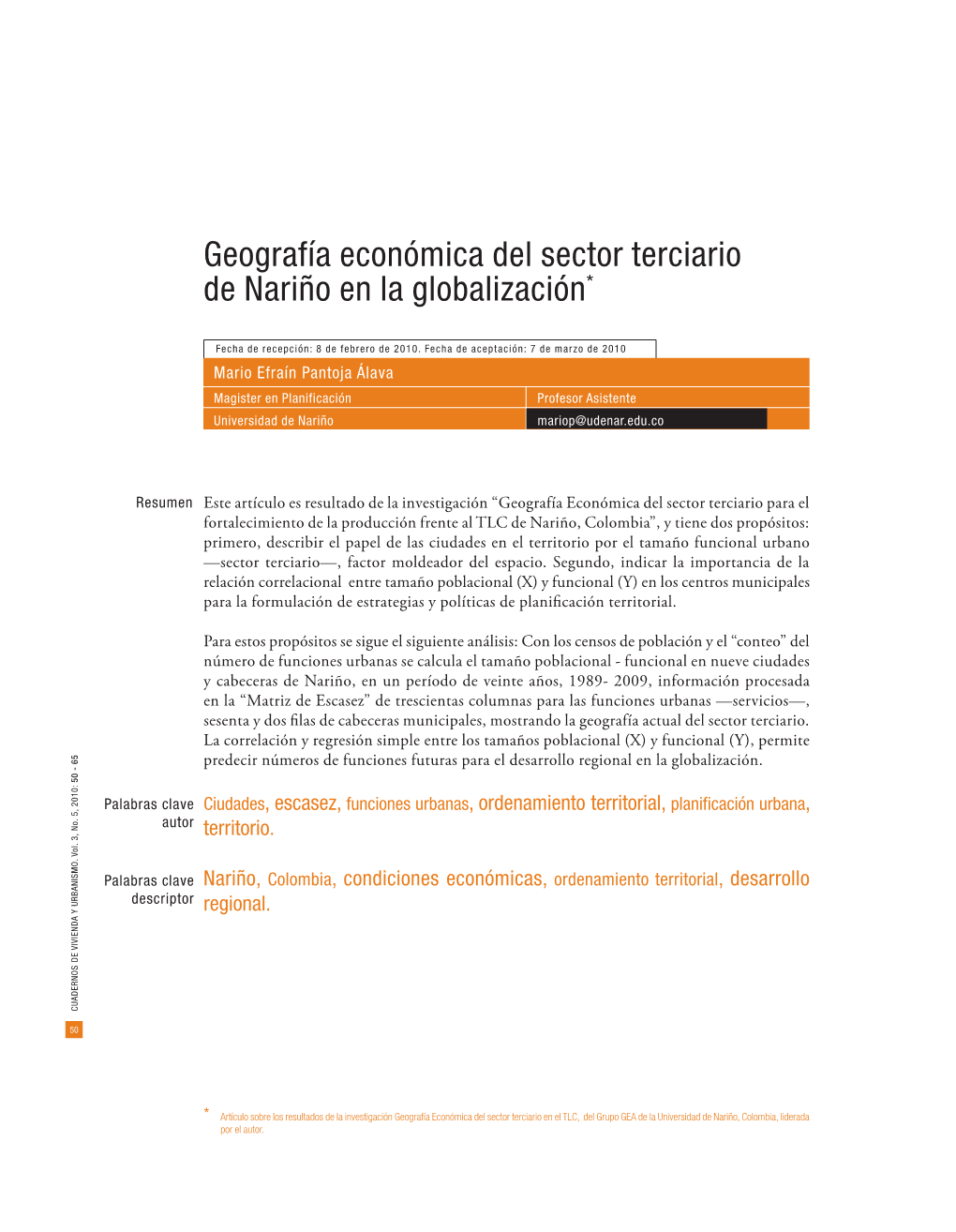 Geografía Económica Del Sector Terciario De Nariño En La Globalización Introducción