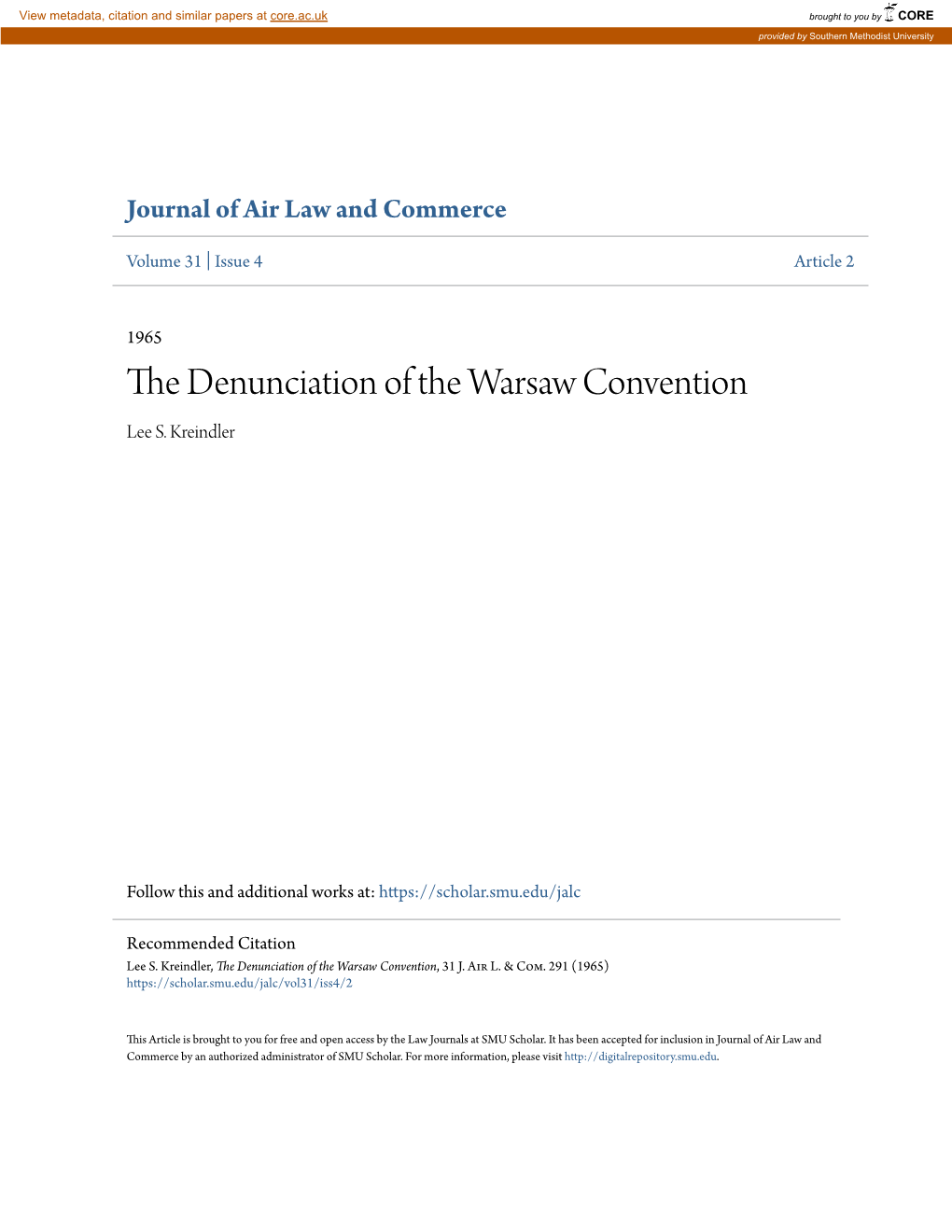 The Denunciation of the Warsaw Convention, 31 J