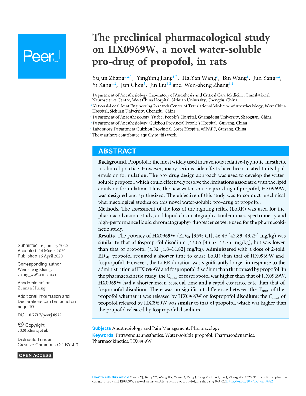 The Preclinical Pharmacological Study on HX0969W, a Novel Water-Soluble Pro-Drug of Propofol, in Rats