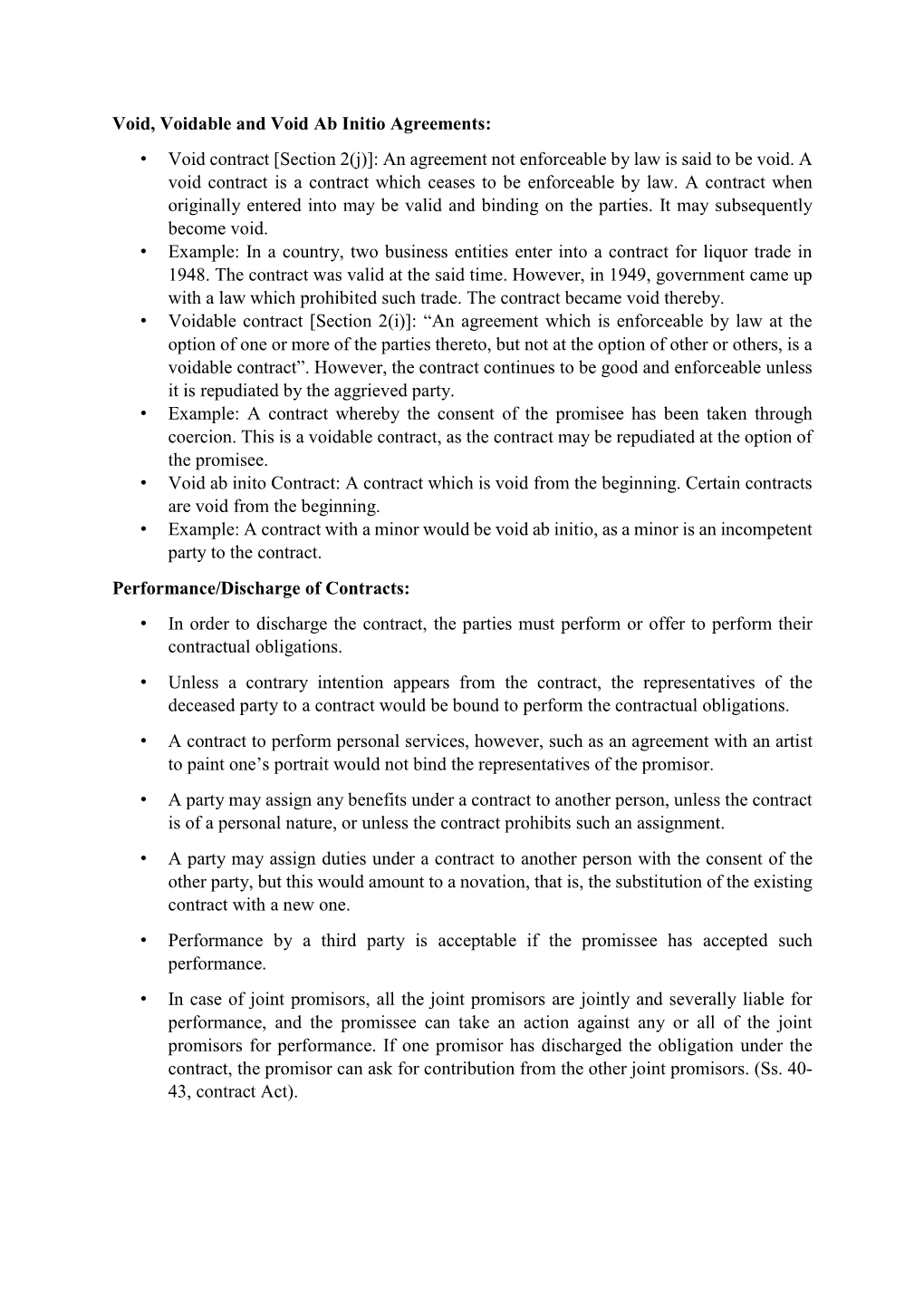 Void, Voidable and Void Ab Initio Agreements: • Void Contract [Section 2(J)]: an Agreement Not Enforceable by Law Is Said to Be Void