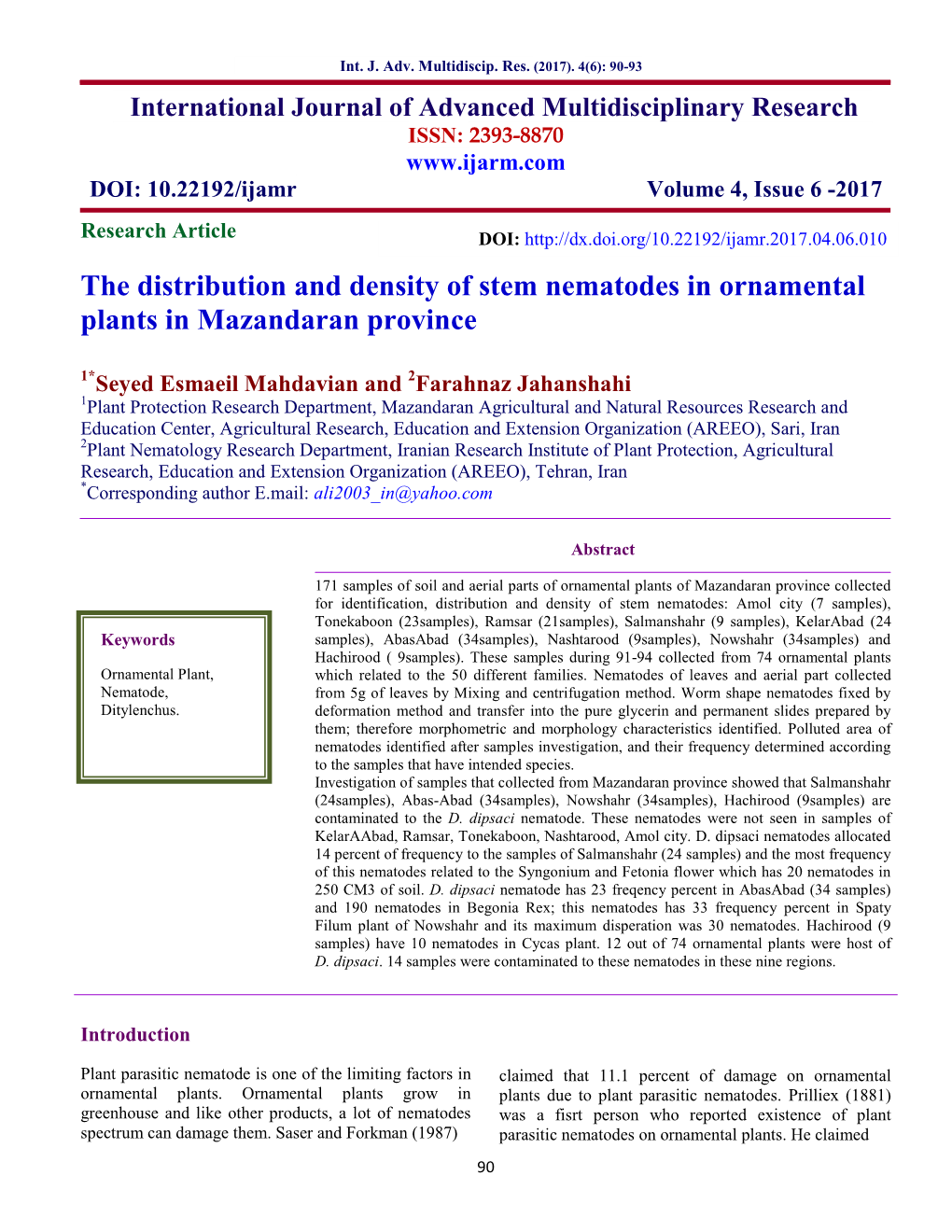The Distribution and Density of Stem Nematodes in Ornamental Plants in Mazandaran Province