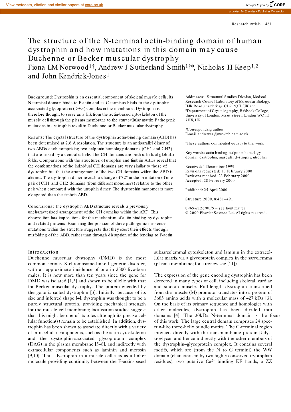 The Structure of the N-Terminal Actin-Binding Domain of Human Dystrophin and How Mutations in This Domain May Cause Duchenne Or