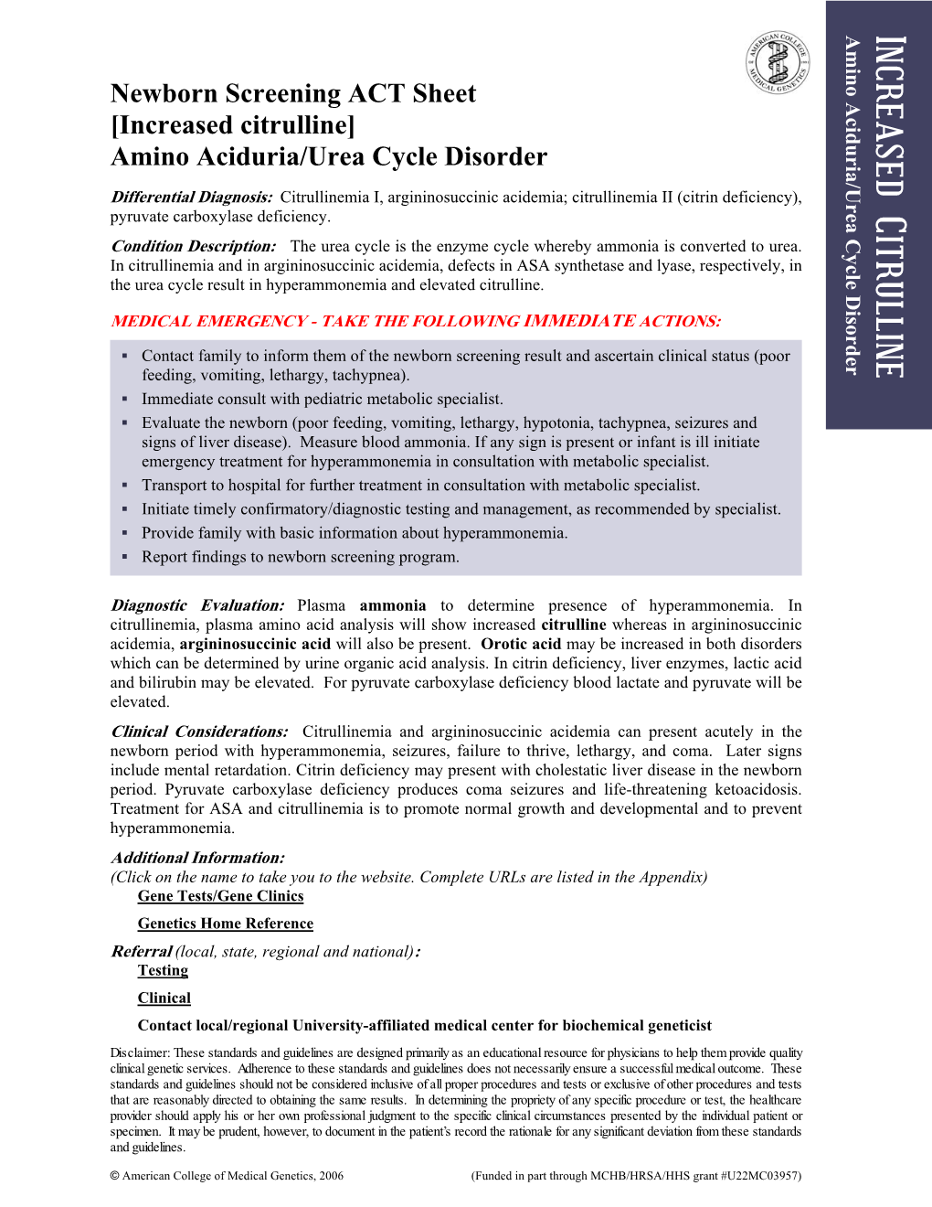 Citrulline Amino Aciduria/Urea Cycle Disorder Amino Aciduria/Urea Cycle