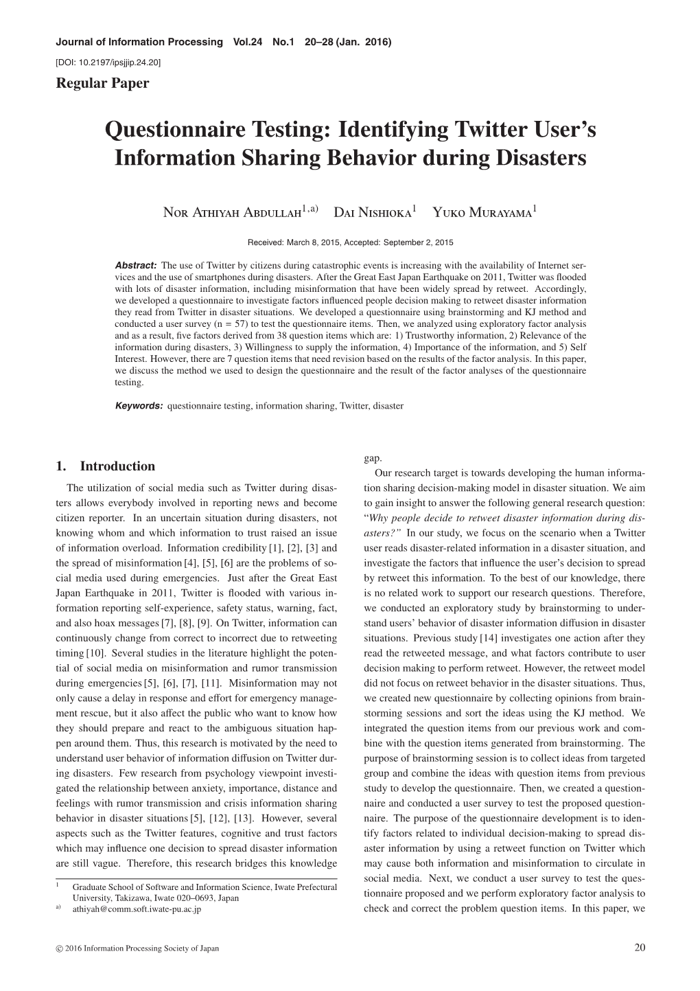 Questionnaire Testing: Identifying Twitter User's Information Sharing