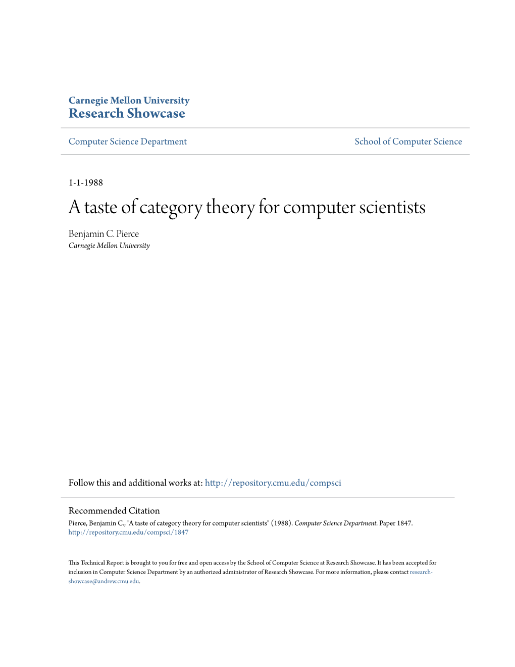 A Taste of Category Theory for Computer Scientists Benjamin C