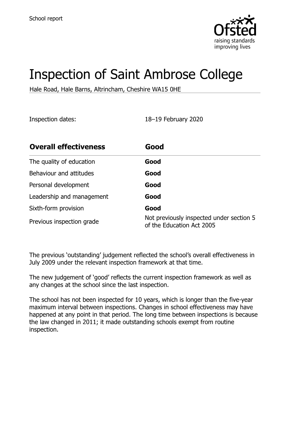 Inspection of Saint Ambrose College Hale Road, Hale Barns, Altrincham, Cheshire WA15 0HE