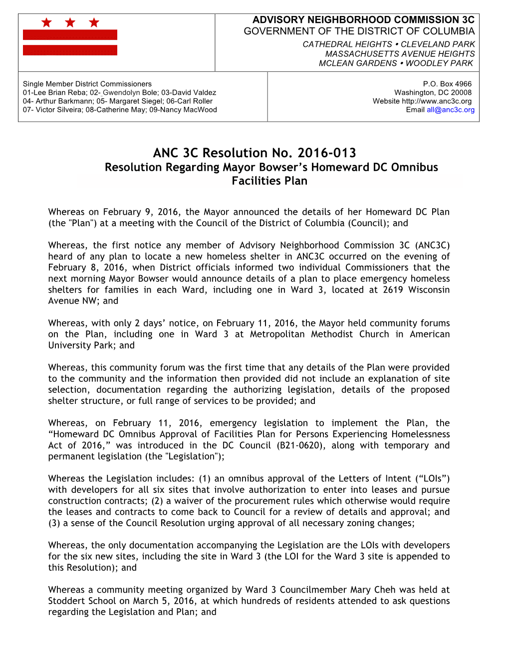 ANC 3C Resolution No. 2016-013 Resolution Regarding Mayor Bowser’S Homeward DC Omnibus Facilities Plan
