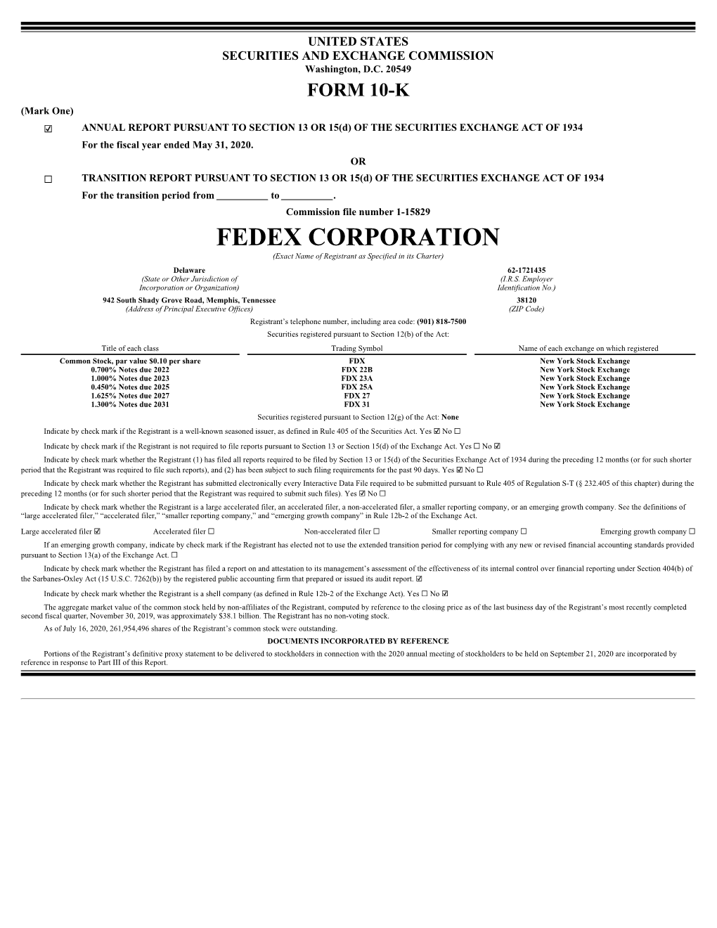 FEDEX CORPORATION (Exact Name of Registrant As Specified in Its Charter)