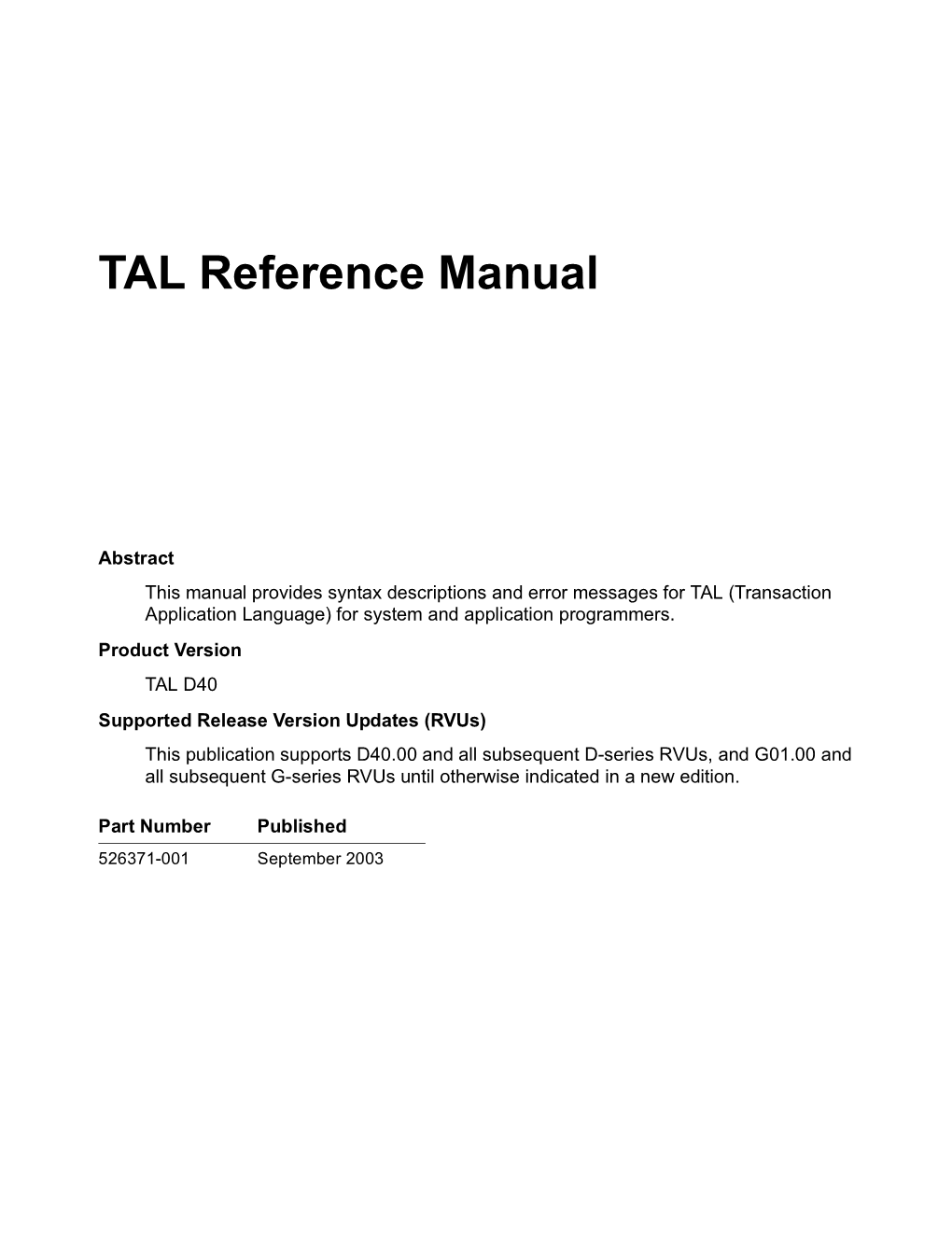 TAL Reference Manual