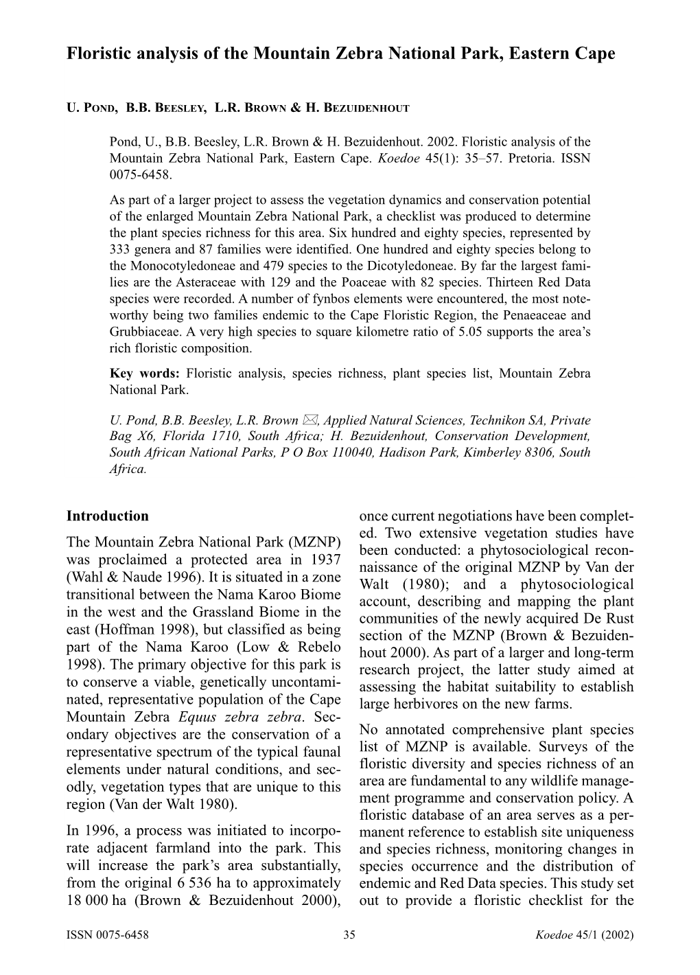 Floristic Analysis of the Mountain Zebra National Park, Eastern Cape