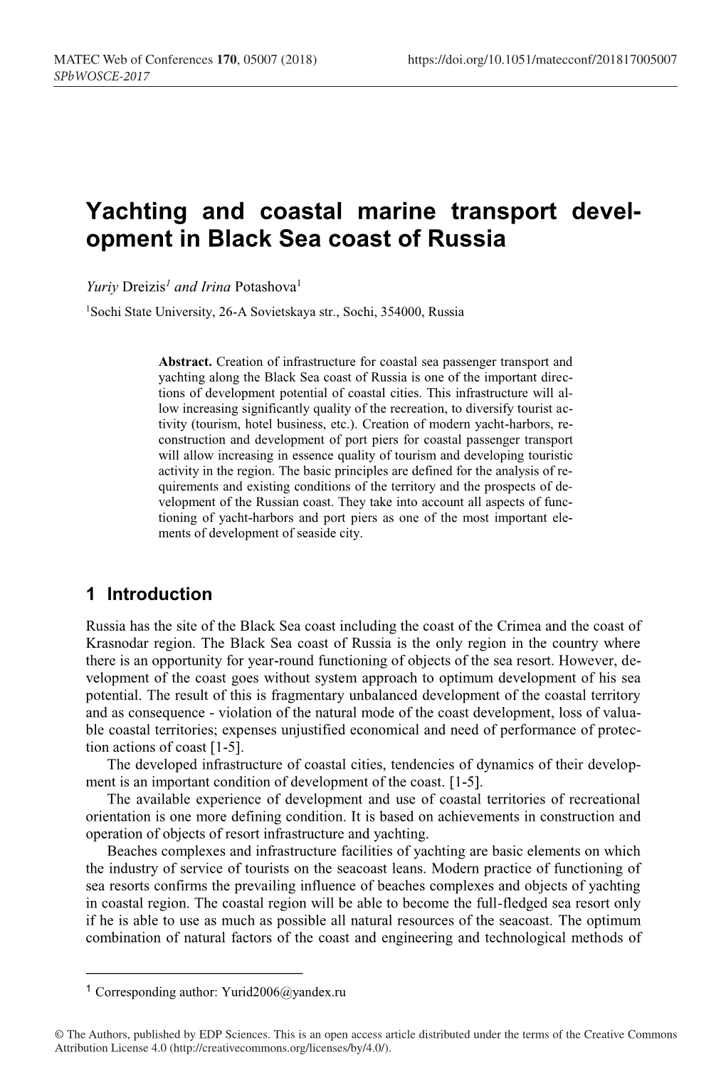 Yachting and Coastal Marine Transport Development in Black Sea Coast of Russia