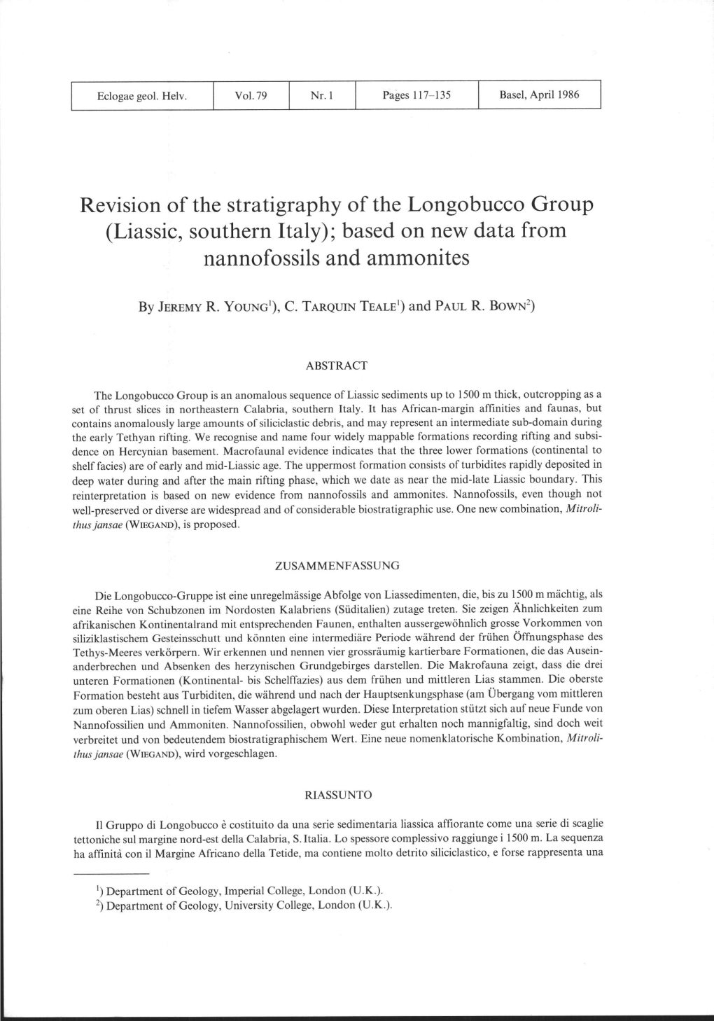 Revision of the Stratigraphy of the Longobucco Group (Liassic, Southern Italy); Based on New Data from Nannofossils and Ammonites