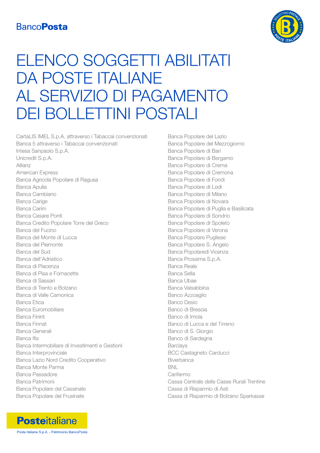 Elenco Soggetti Abilitati Da Poste Italiane Al Servizio Di Pagamento Dei Bollettini Postali