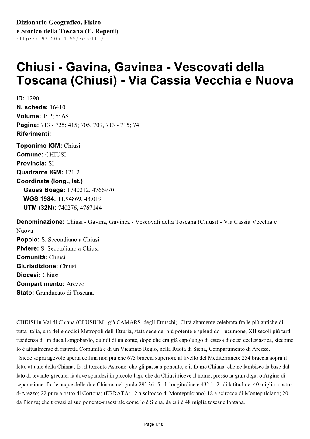 Chiusi - Gavina, Gavinea - Vescovati Della Toscana (Chiusi) - Via Cassia Vecchia E Nuova