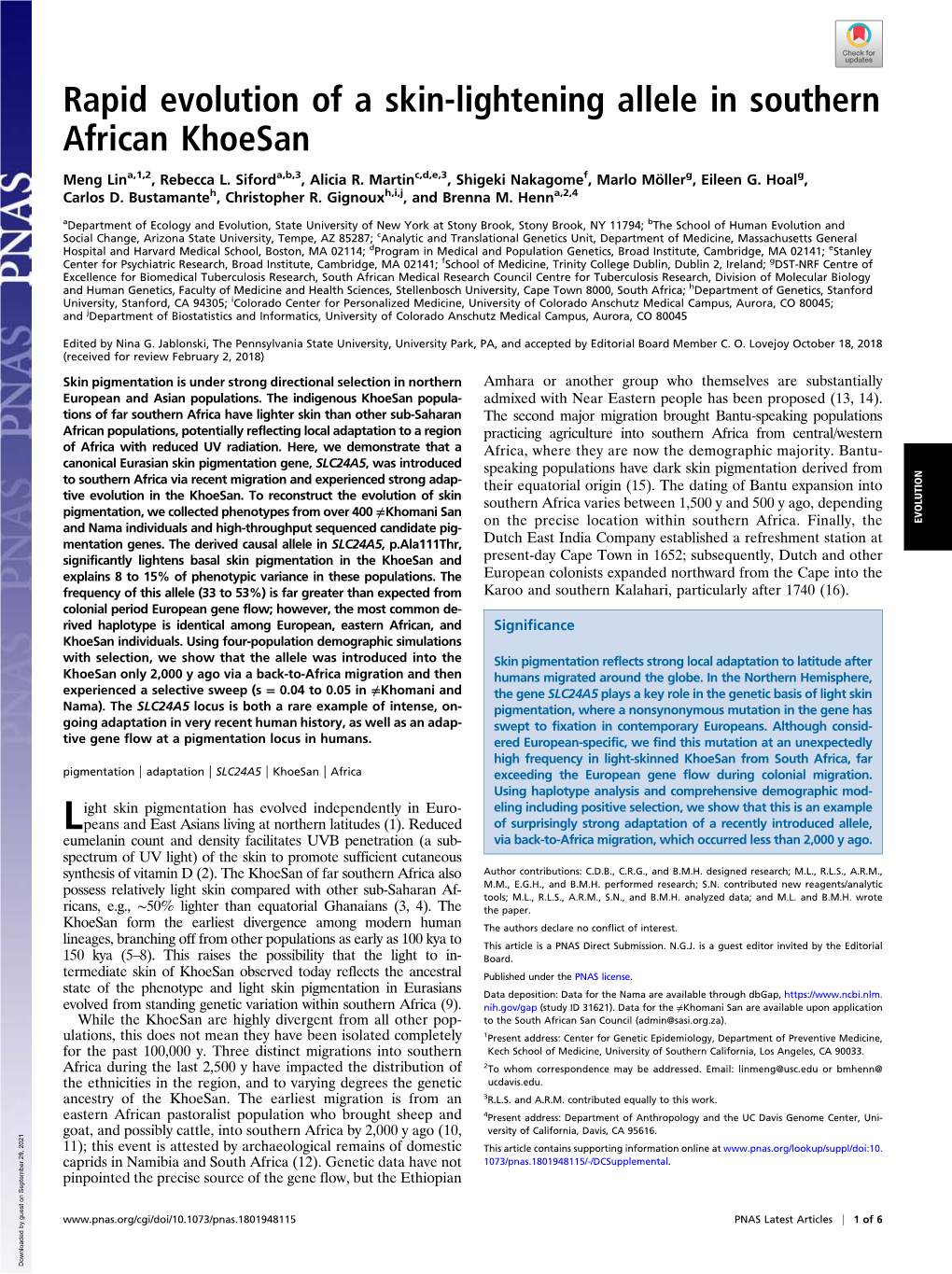 Rapid Evolution of a Skin-Lightening Allele in Southern African Khoesan