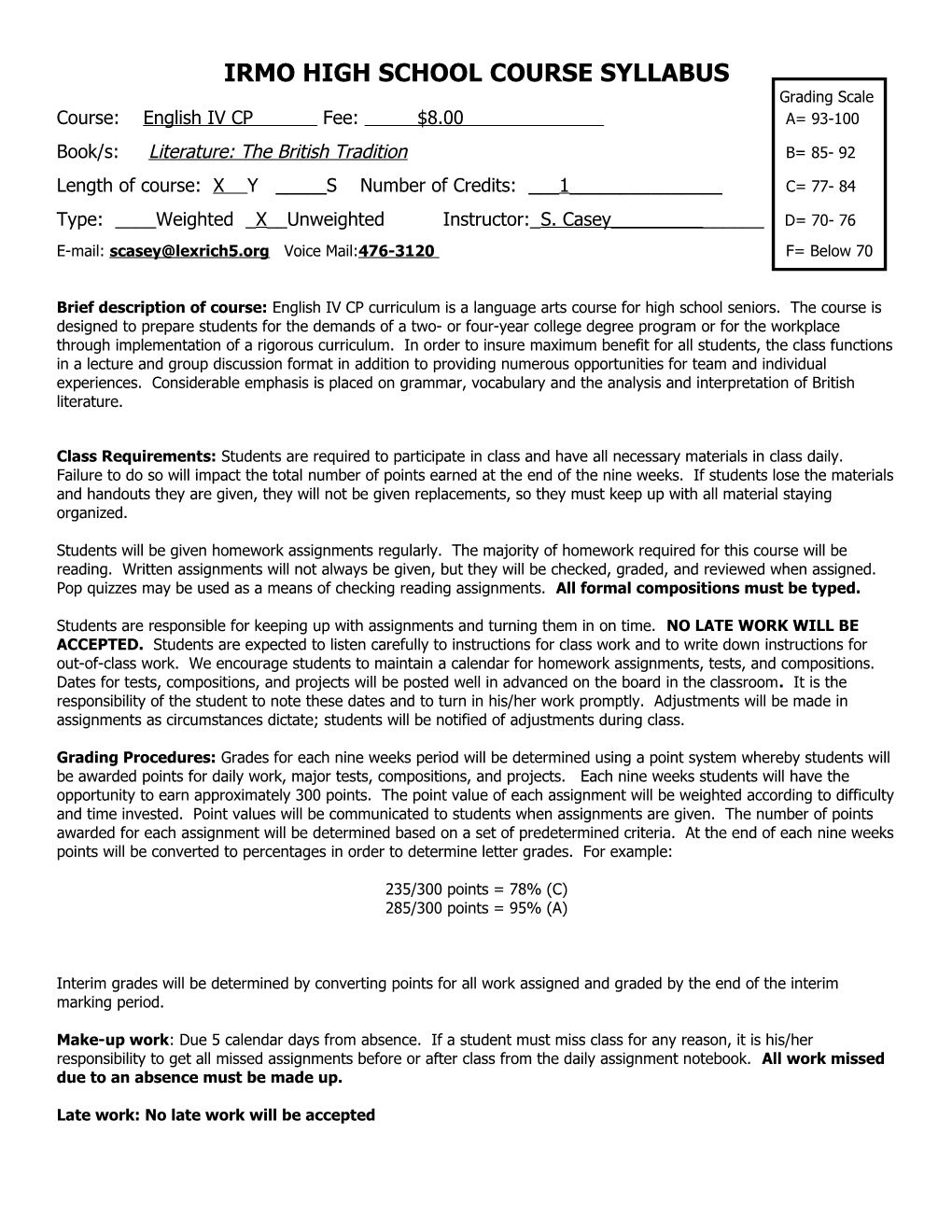 Irmo High School Course Syllabus