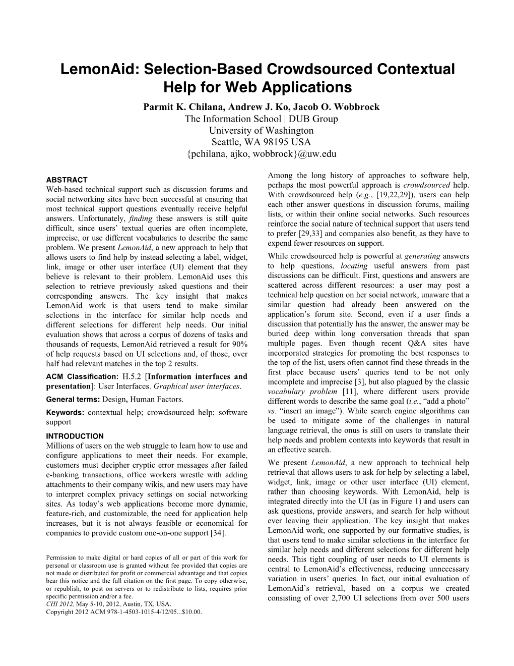 Lemonaid: Selection-Based Crowdsourced Contextual Help for Web Applications Parmit K