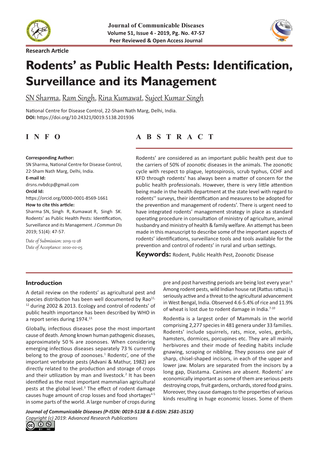 Rodents' As Public Health Pests: Identification, Surveillance and Its Management