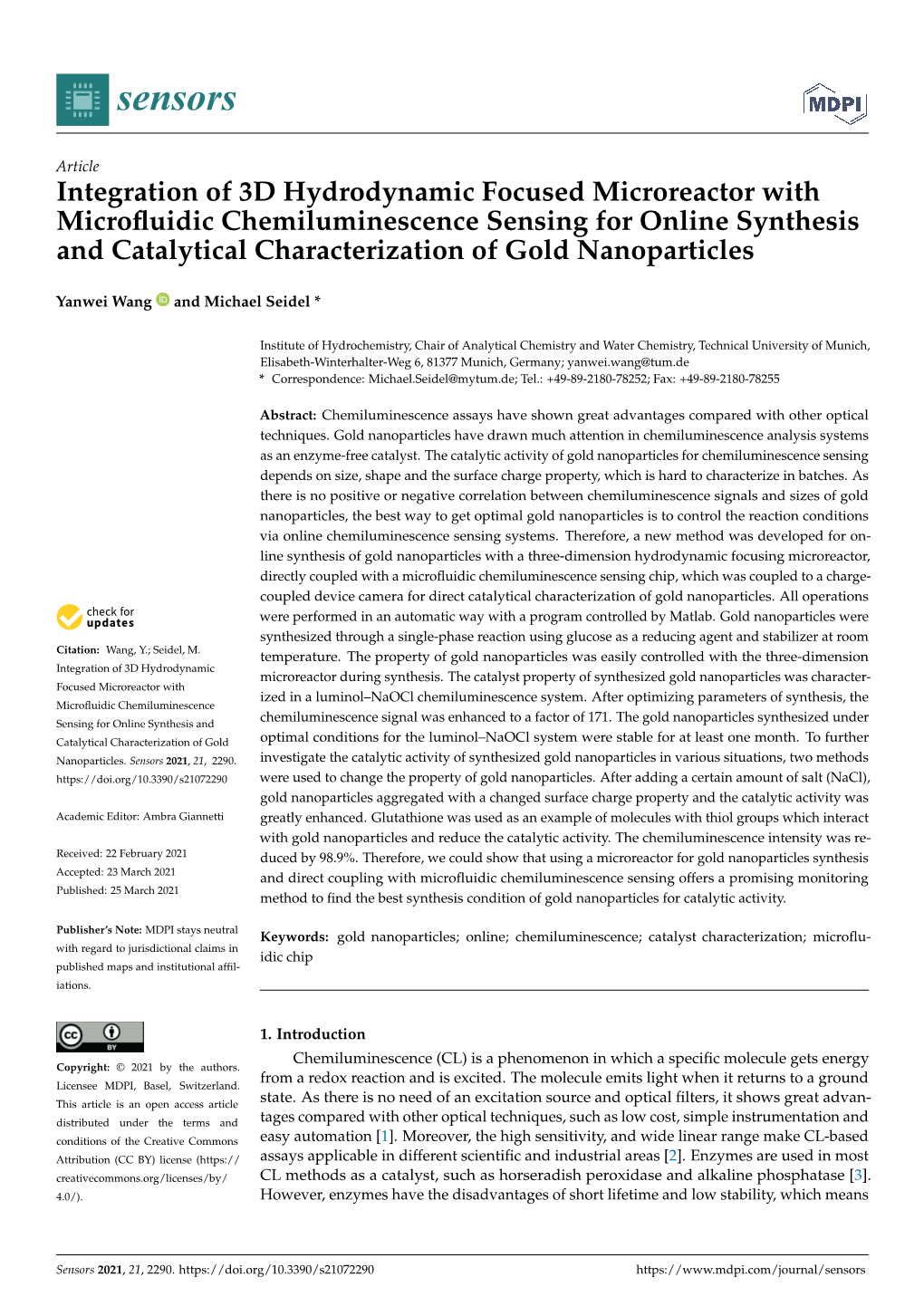 Integration of 3D Hydrodynamic Focused Microreactor with Microfluidic Chemiluminescence Sensing for Online Synthesis and Catalyt