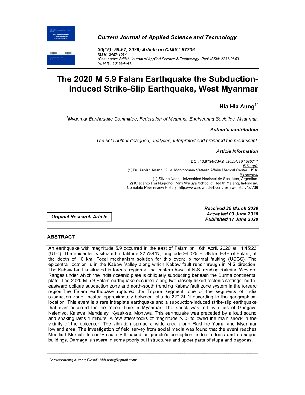 Induced Strike-Slip Earthquake, West Myanmar