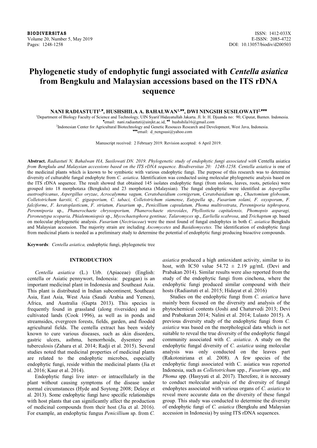 Phylogenetic Study of Endophytic Fungi Associated with Centella Asiatica from Bengkulu and Malaysian Accessions Based on the ITS Rdna Sequence