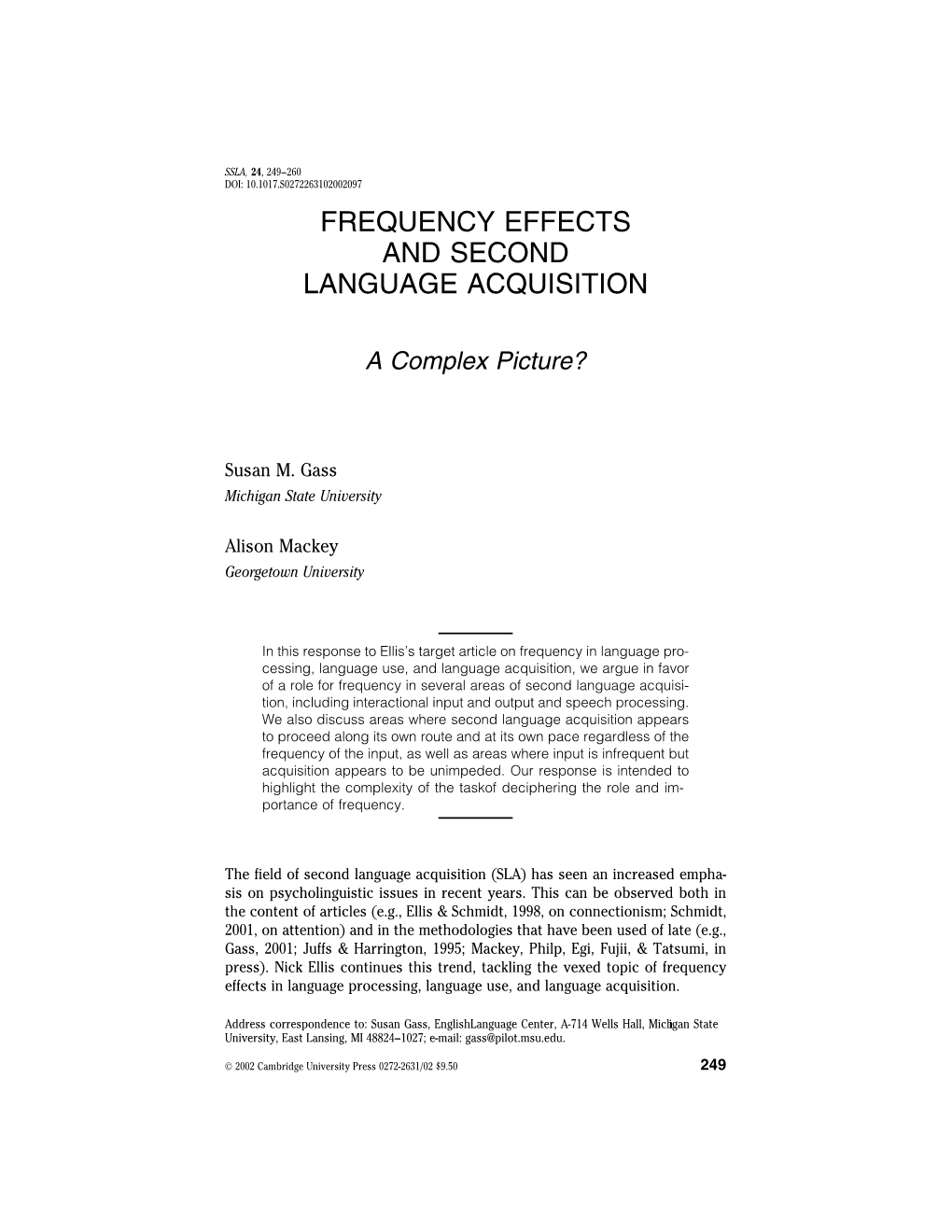 Frequency Effects and Second Language Acquisition