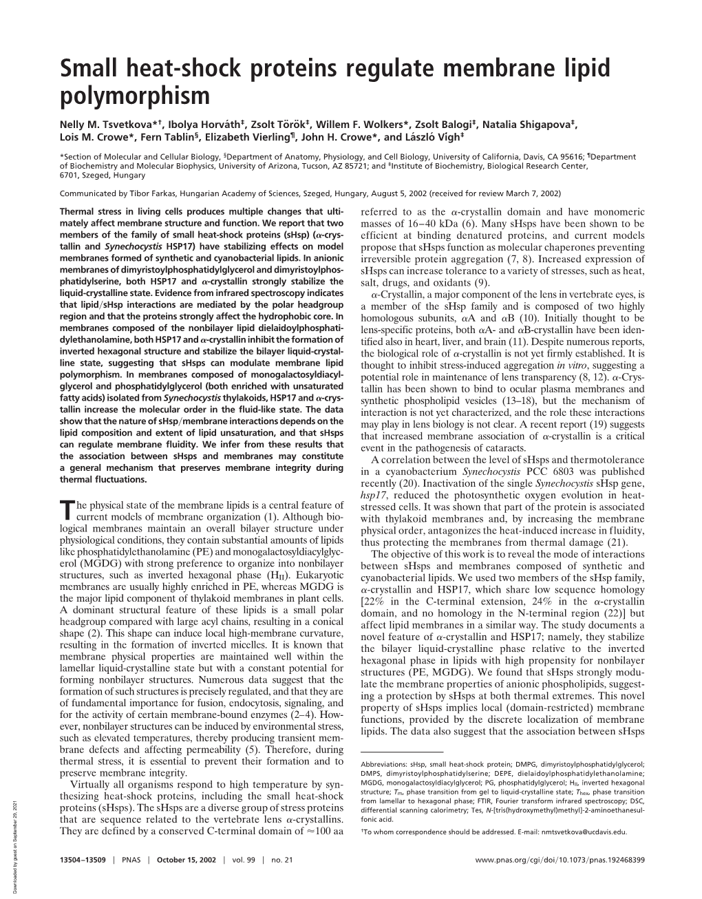 Small Heat-Shock Proteins Regulate Membrane Lipid Polymorphism