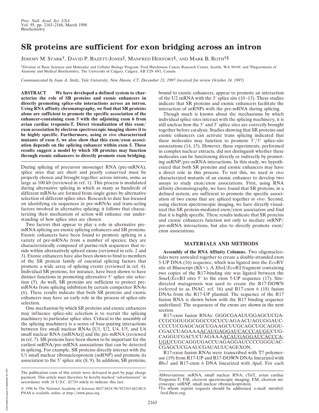 SR Proteins Are Sufficient for Exon Bridging Across an Intron