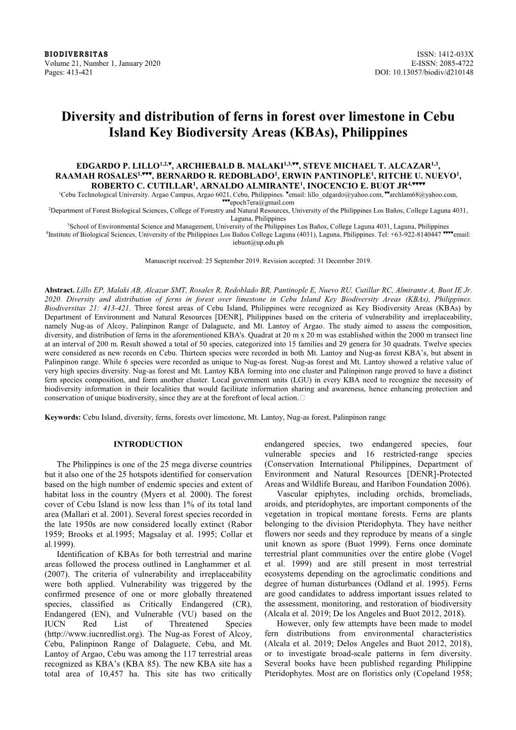 Diversity and Distribution of Ferns in Forest Over Limestone in Cebu Island Key Biodiversity Areas (Kbas), Philippines