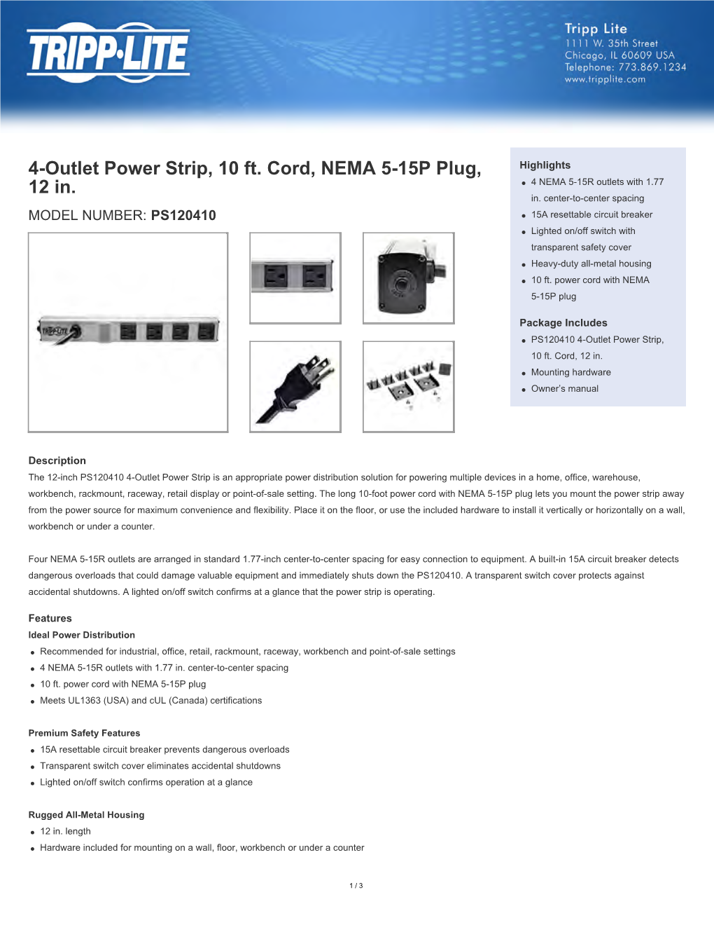 4-Outlet Power Strip, 10 Ft. Cord, NEMA 5-15P Plug, 12