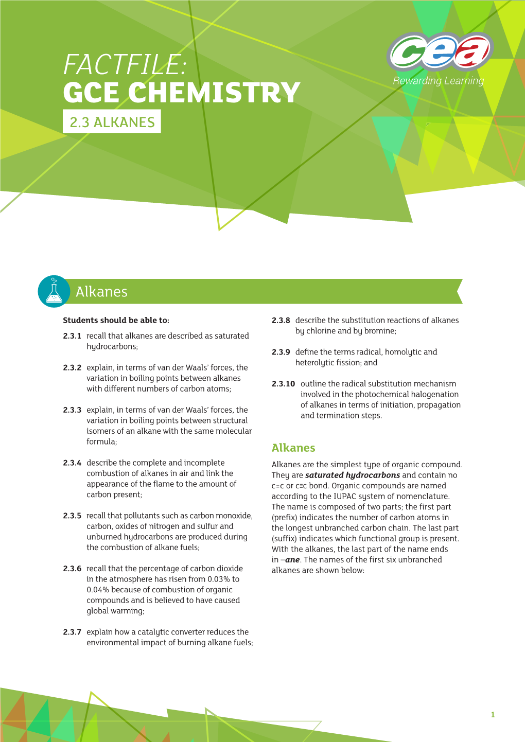 Factfile: Gce Chemistry 2.3 Alkanes