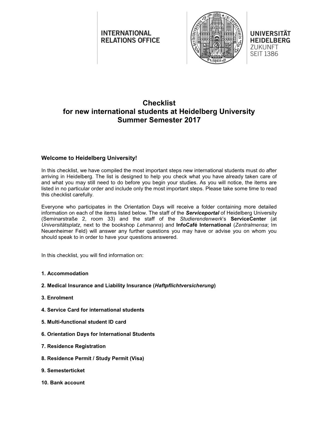 Checklist for New International Students at Heidelberg University Summer Semester 2017