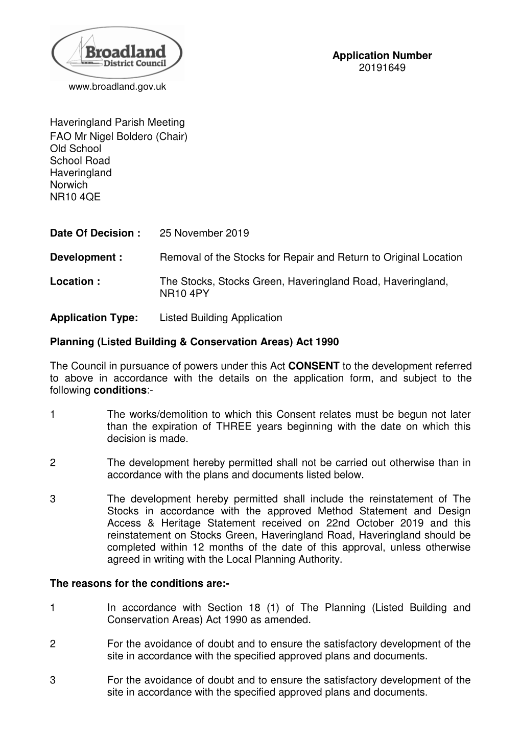 Application Number 20191649 Haveringland Parish Meeting FAO