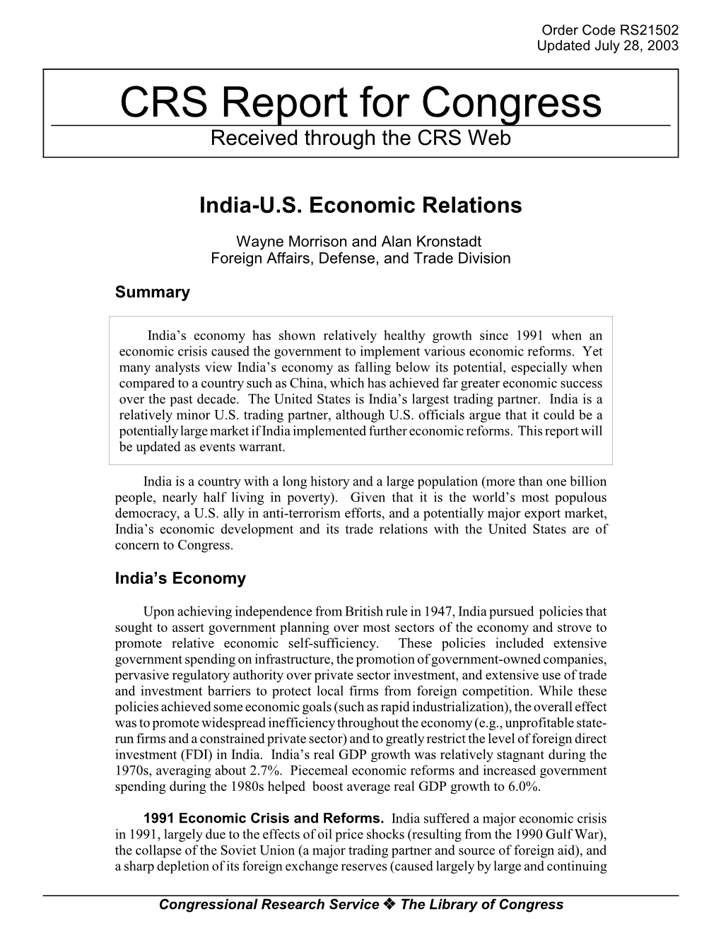 CRS Report for Congress Received Through the CRS Web