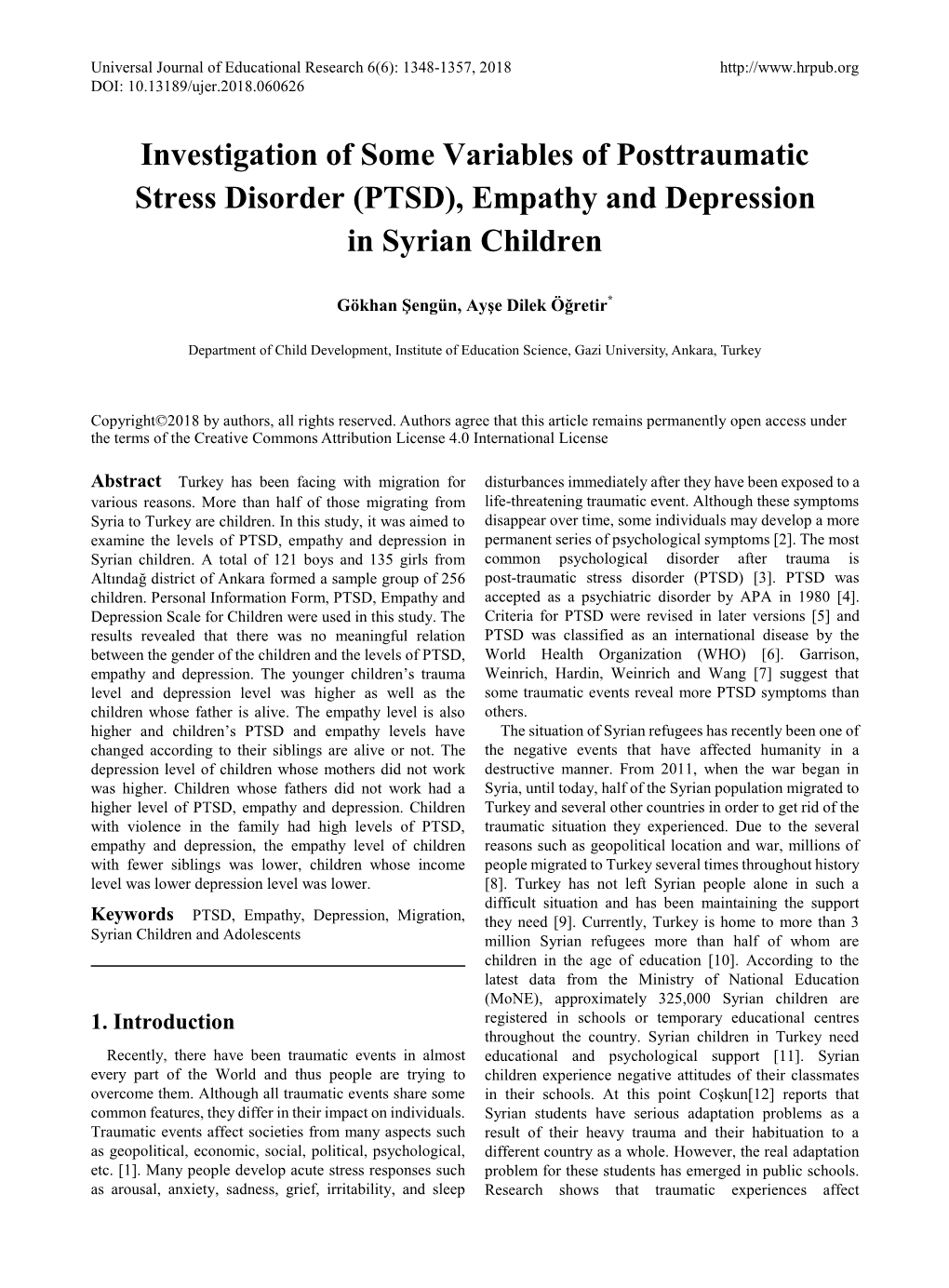 PTSD), Empathy and Depression in Syrian Children