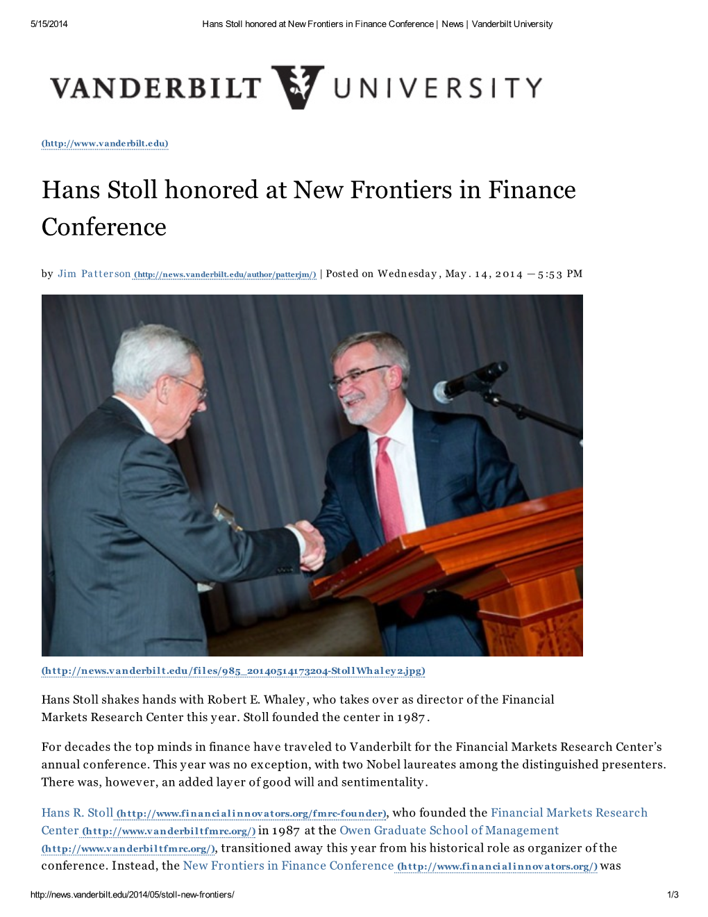 Hans Stoll Honored at New Frontiers in Finance Conference | News | Vanderbilt University
