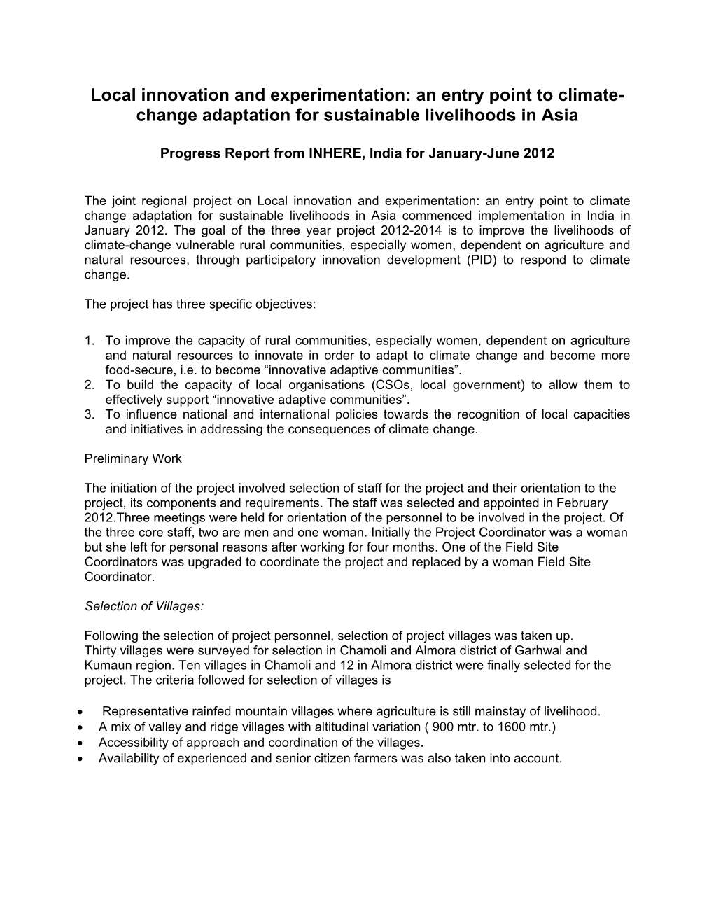 An Entry Point to Climate- Change Adaptation for Sustainable Livelihoods in Asia