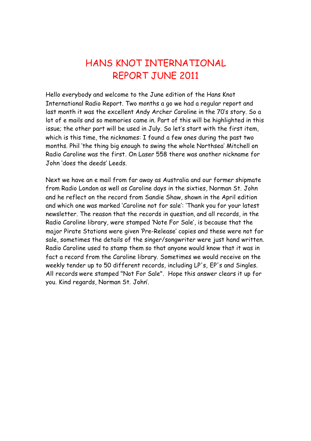 Hans Knot International Report June 2011