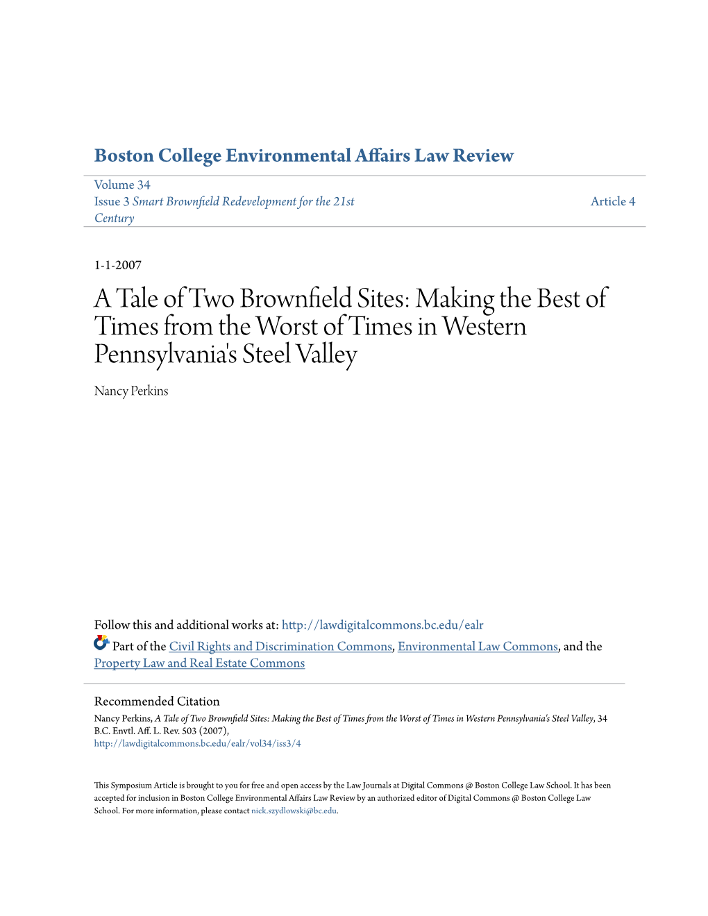 A Tale of Two Brownfield Sites: Making the Best of Times from the Worst of Times in Western Pennsylvania's Steel Valley, 34 B.C