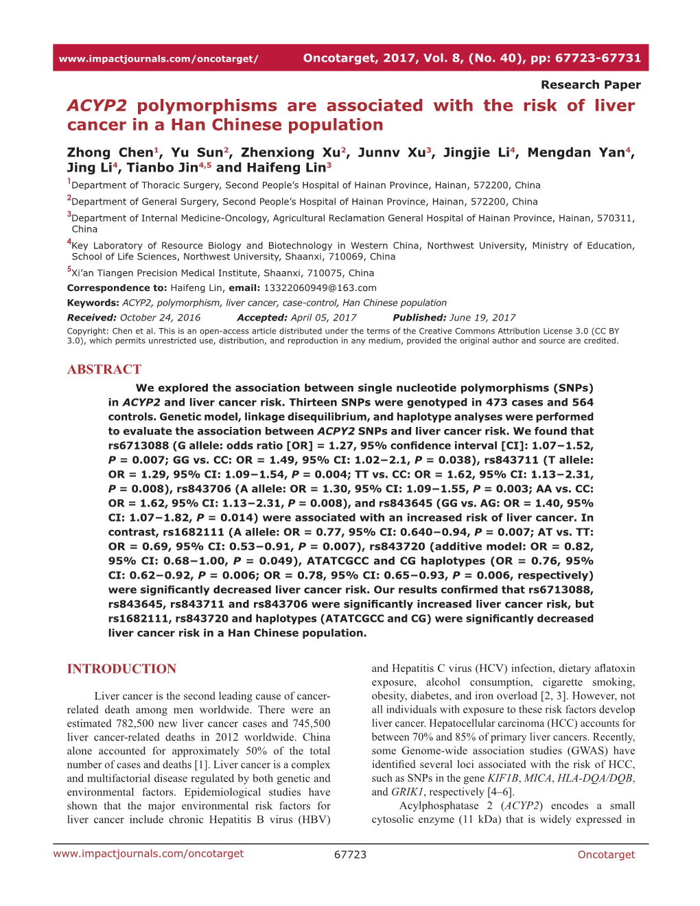 ACYP2 Polymorphisms Are Associated with the Risk of Liver Cancer in a Han Chinese Population