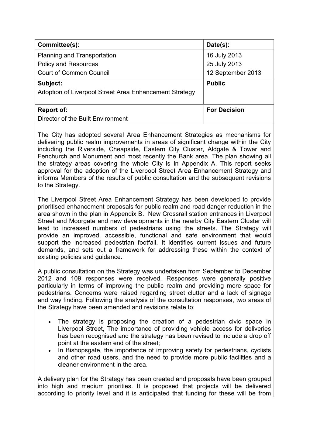 Report Of: for Decision Director of the Built Environment