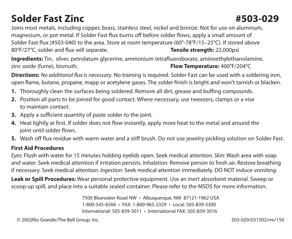 Solder Fast Zinc #503-029 Joins Most Metals, Including Copper, Brass, Stainless Steel, Nickel and Bronze