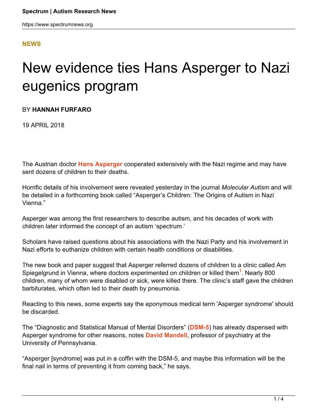 New Evidence Ties Hans Asperger to Nazi Eugenics Program