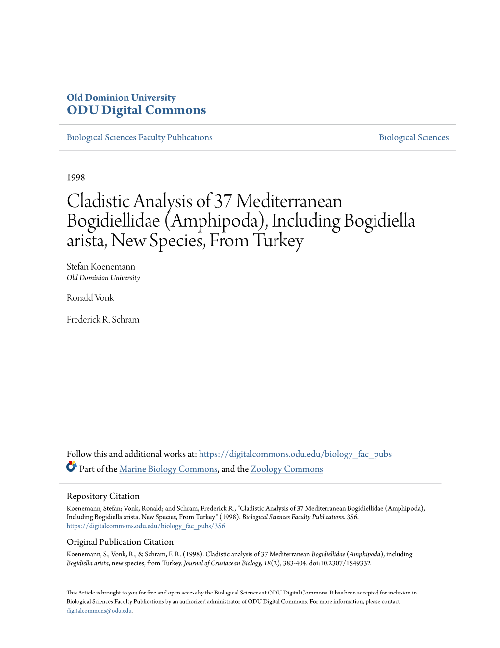 Amphipoda), Including Bogidiella Arista, New Species, from Turkey Stefan Koenemann Old Dominion University