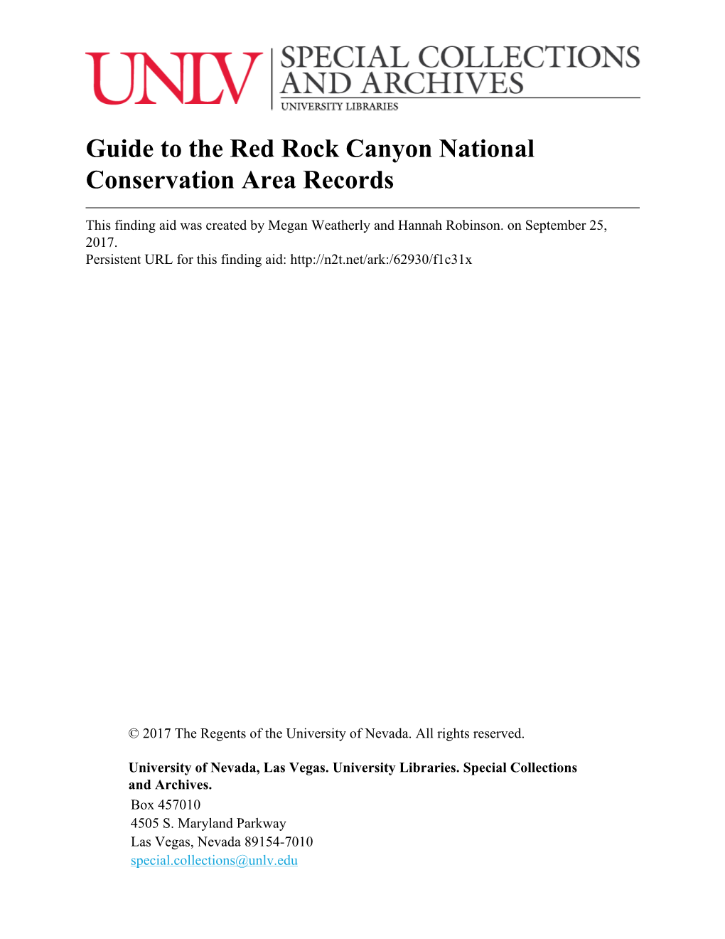 Guide to the Red Rock Canyon National Conservation Area Records