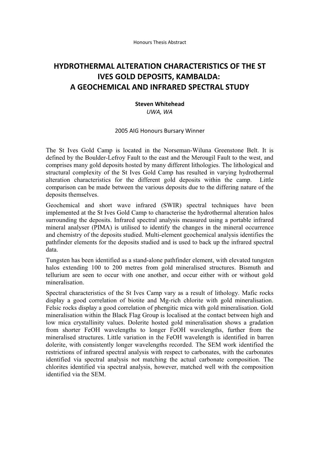 Hydrothermal Alteration Characteristics of the St Ives Gold Deposits, Kambalda