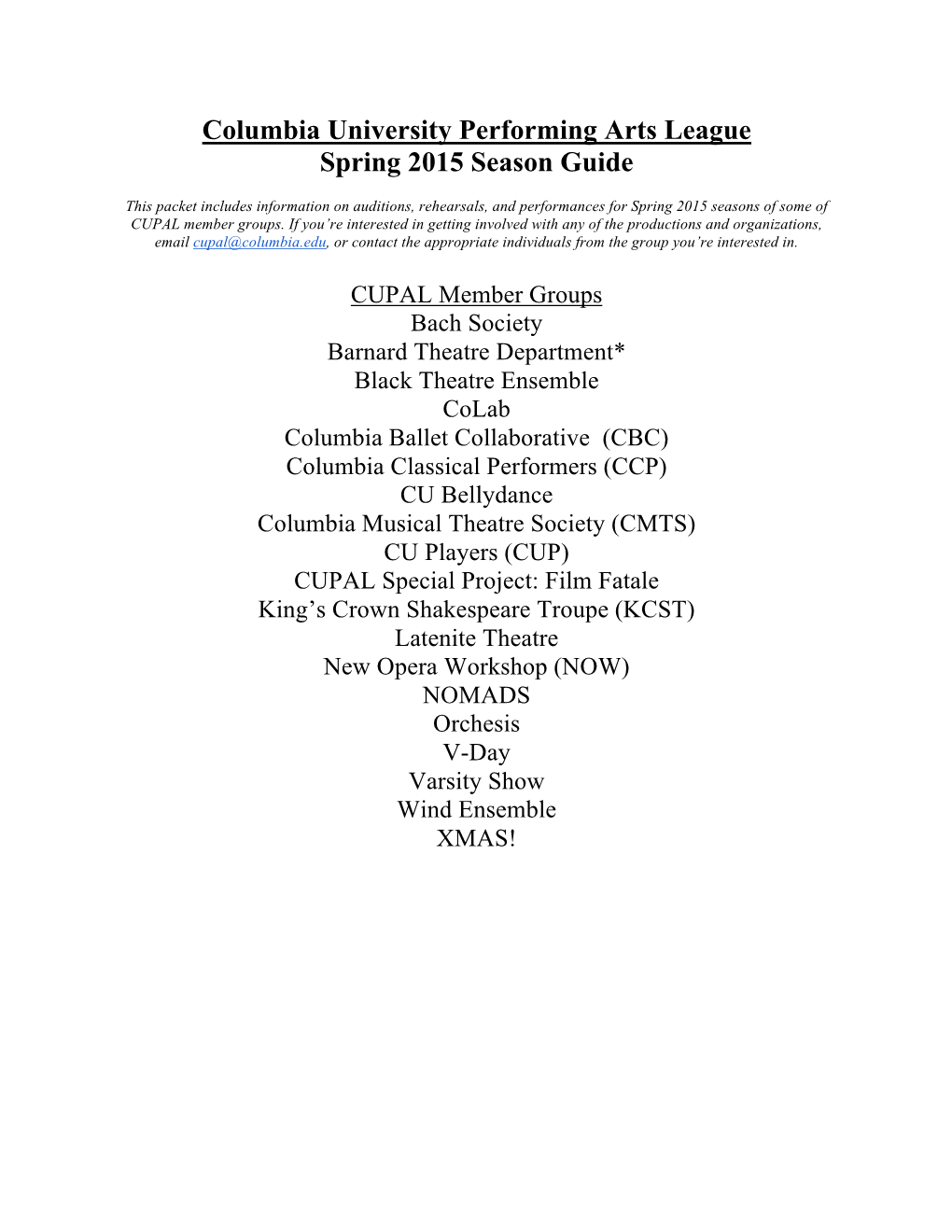 Columbia University Performing Arts League Spring 2015 Season Guide