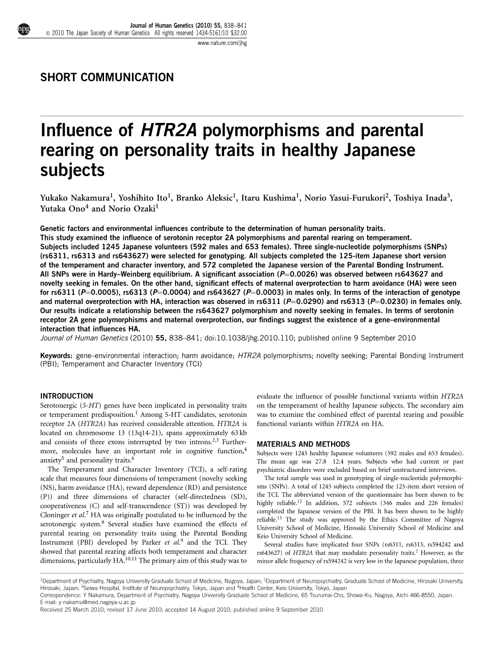 Influence of HTR2A Polymorphisms and Parental Rearing on Personality