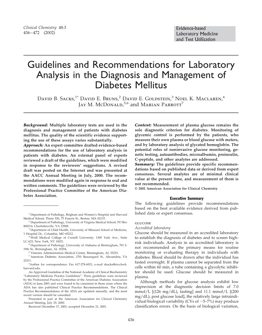 Guidelines and Recommendations for Laboratory Analysis in the Diagnosis and Management of Diabetes Mellitus