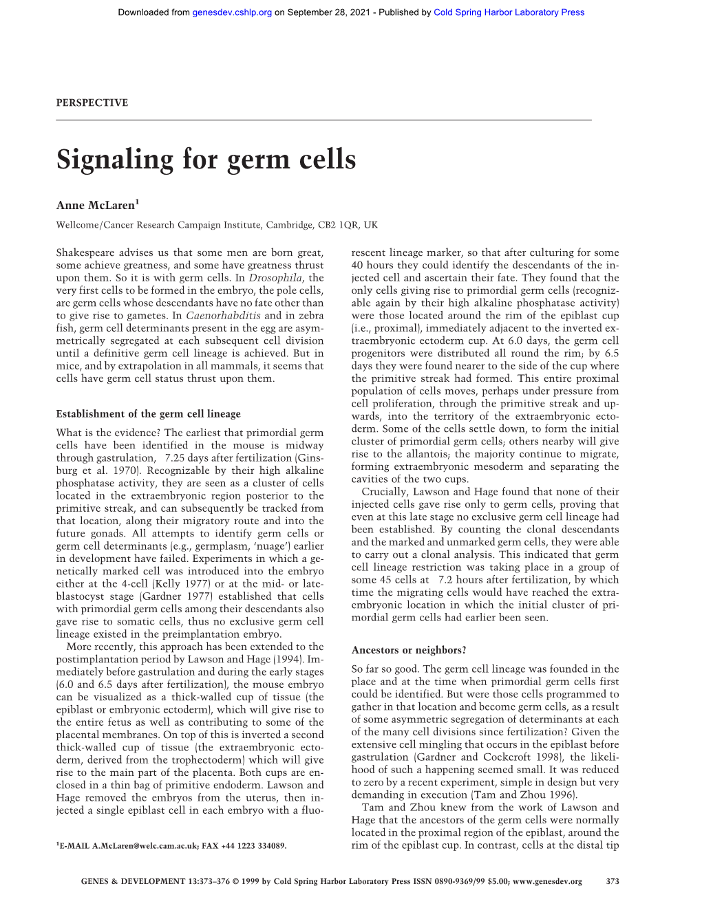 Signaling for Germ Cells